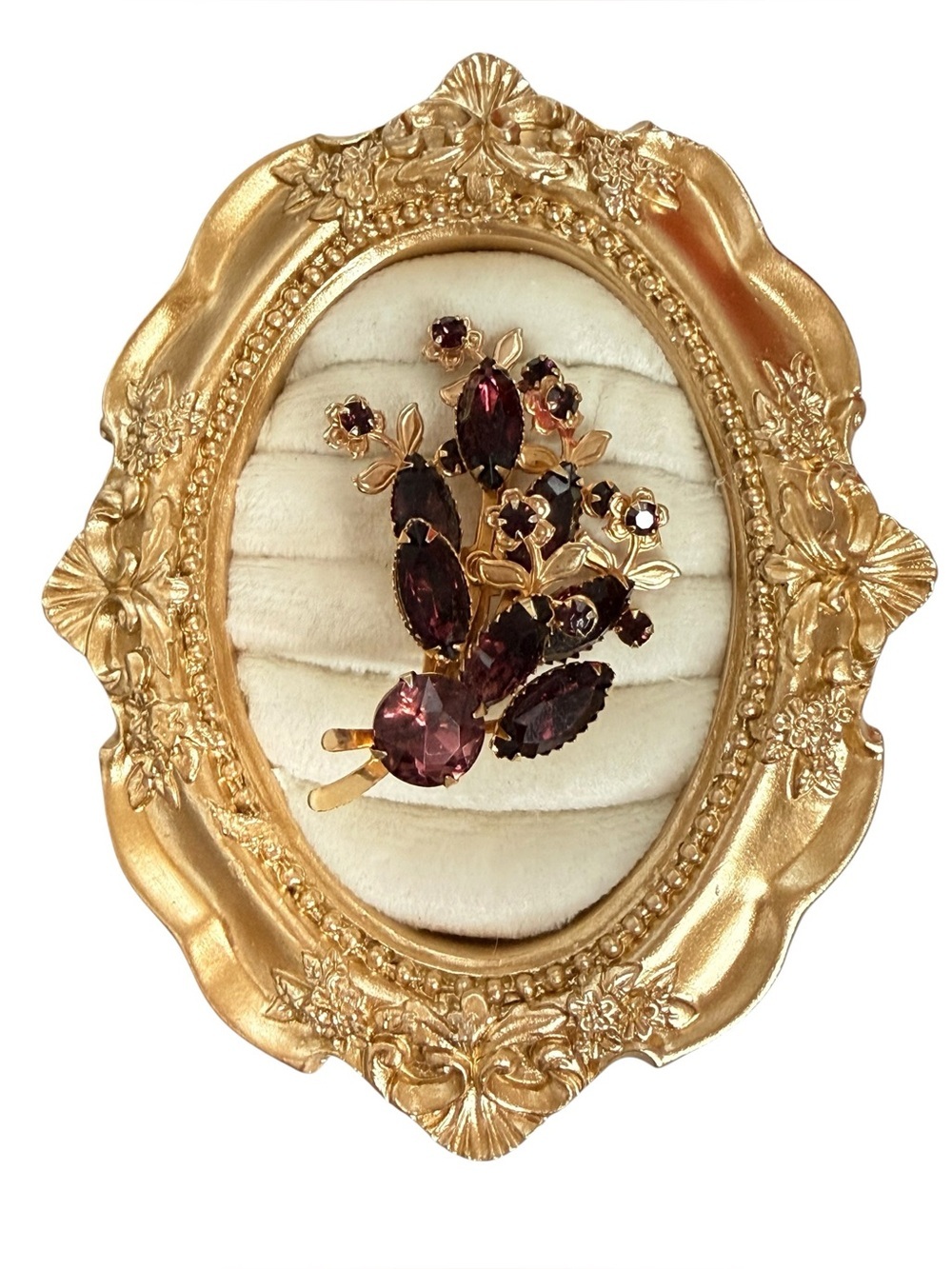 Mid century Vintage Floral Garnet-Style Rhinestone Brooch soldering/hinge style